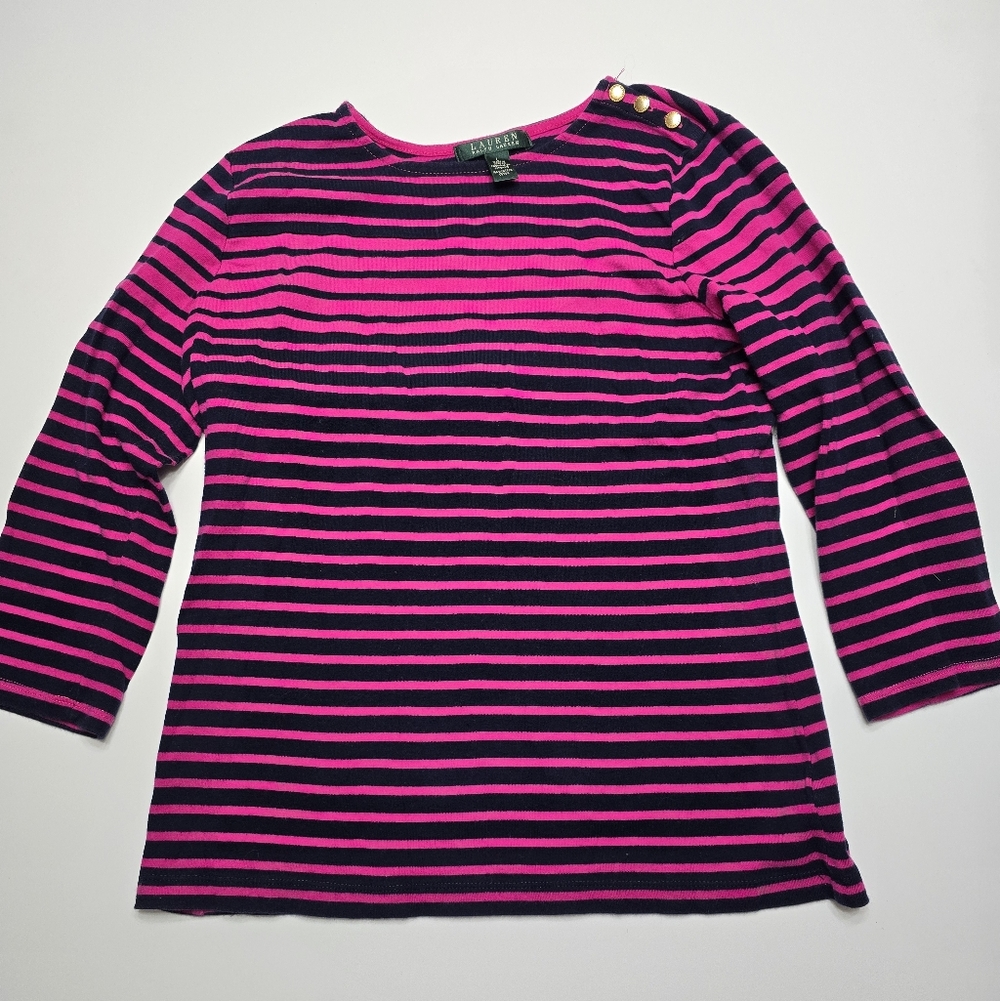 Lauren Ralph Lauren Fuchsia and Black Striped 3/4 Sleeve Top Large